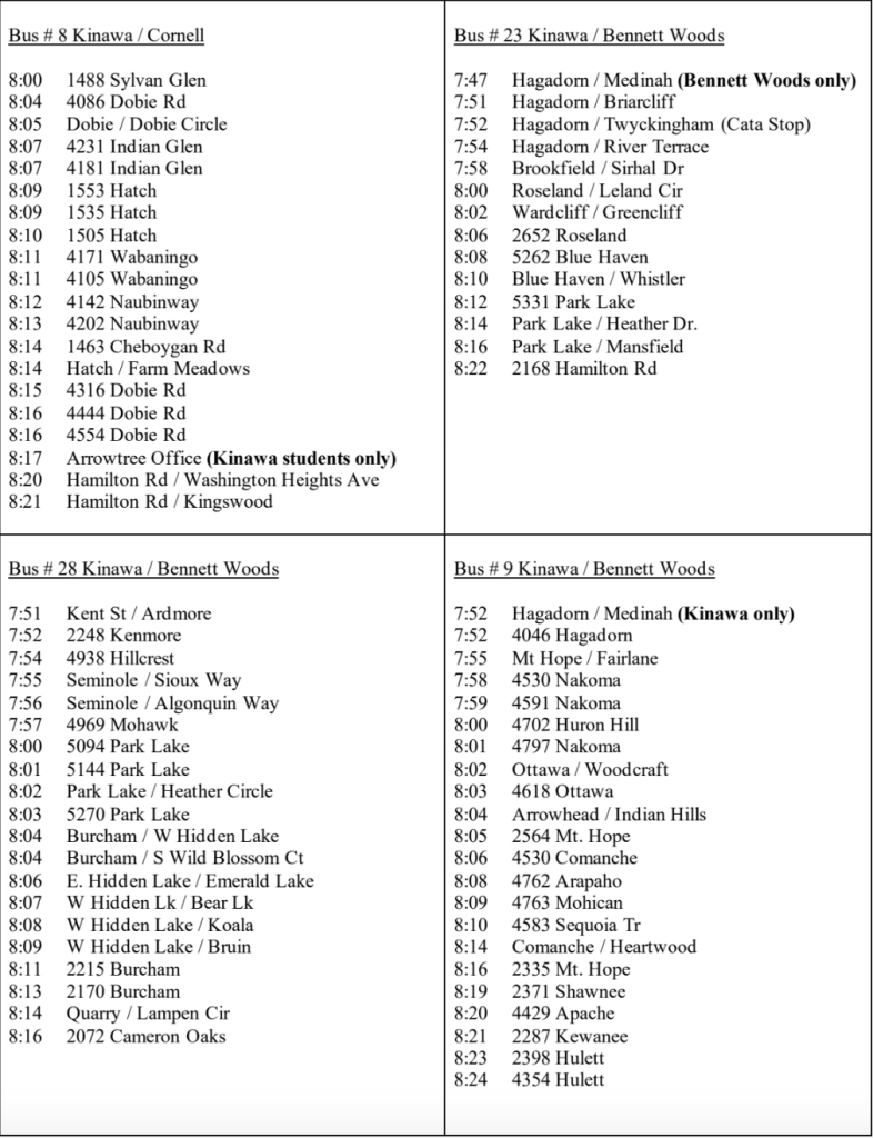 Kinawa/Elementary Bus Schedule